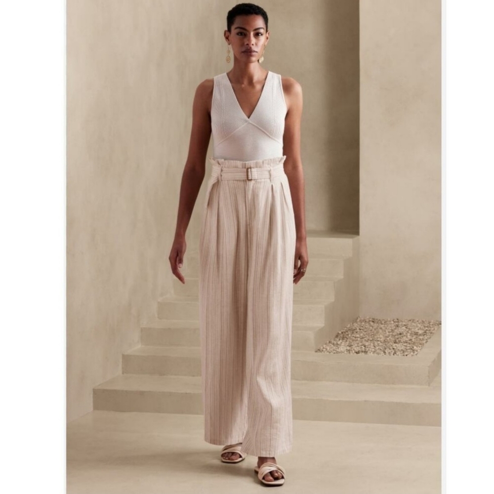 Banana Republic | Linen-blend Papaerbag Wide-Leg Pants - Cream Tan Stripe